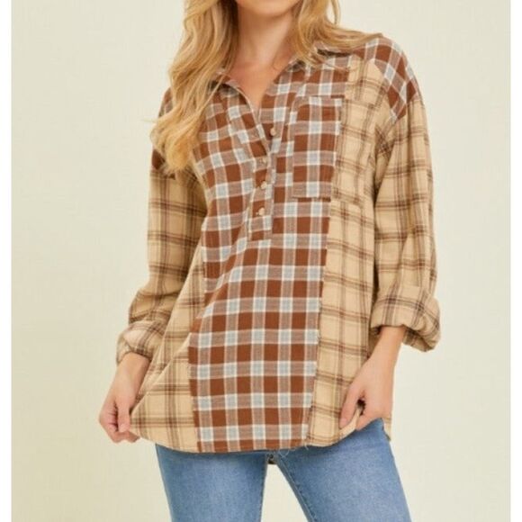 Heyson Size Small Patchwork Mixed Plaid Upper Button Front Top Brown NWT - Picture 1 of 11